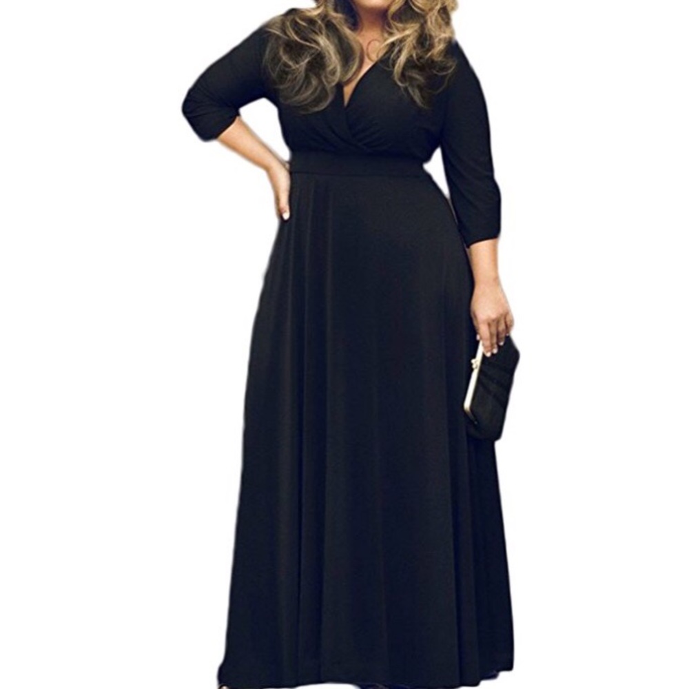 Black Plus Size Maxi Dress, 3/4 Sleeves, Poseshe